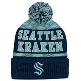Seattle Kraken Youth Puck Cuffed Knit Hat with Pom Deep Sea Blue