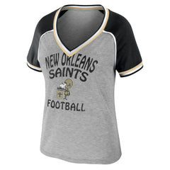 New Orleans Saints WEAR by Erin Andrews Women's Cropped Raglan Throwback V-Neck T-Shirt Heather Gray - NFL