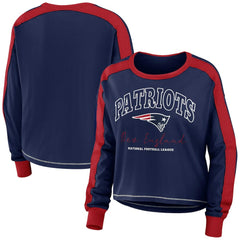 New England Patriots WEAR by Erin Andrews Women's Color Block Modest Crop Long Sleeve T-Shirt Navy/Red - NFL
