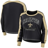 New Orleans Saints WEAR by Erin Andrews Women's Color Block Modest Crop Long Sleeve T-Shirt Black/Gold - NFL