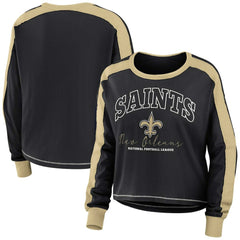 New Orleans Saints WEAR by Erin Andrews Women's Color Block Modest Crop Long Sleeve T-Shirt Black/Gold - NFL