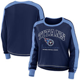 Tennessee Titans WEAR by Erin Andrews Women's Color Block Modest Crop Long Sleeve T-Shirt Navy/Light Blue - NFL