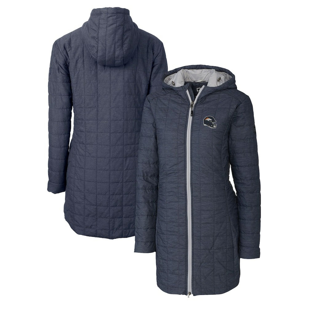 Denver Broncos Cutter & Buck Women's Helmet Logo Rainier Primaloft Eco Insulated Hooded Long Coat Heather Navy - NFL