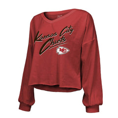 Patrick Mahomes Kansas City Chiefs Majestic Threads Women's Name & Number Off-Shoulder Script Cropped Long Sleeve Relaxed V-Neck T-Shirt Red - NFL