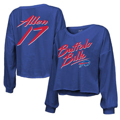Josh Allen Buffalo Bills Majestic Threads Women's Name & Number Off-Shoulder Script Cropped Long Sleeve Relaxed V-Neck T-Shirt Royal - NFL