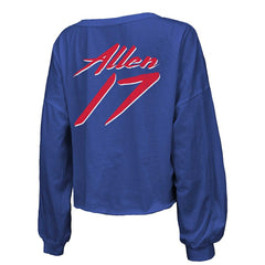 Josh Allen Buffalo Bills Majestic Threads Women's Name & Number Off-Shoulder Script Cropped Long Sleeve Relaxed V-Neck T-Shirt Royal - NFL