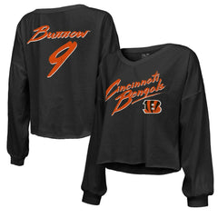 Joe Burrow Cincinnati Bengals Majestic Threads Women's Name & Number Off-Shoulder Script Cropped Long Sleeve Relaxed V-Neck T-Shirt Black - NFL