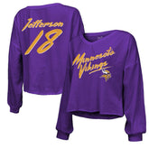 Justin Jefferson Minnesota Vikings Majestic Threads Women's Name & Number Off-Shoulder Script Cropped Long Sleeve V-Neck T-Shirt Purple - NFL