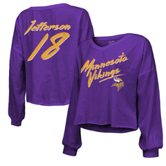 Justin Jefferson Minnesota Vikings Majestic Threads Women's Name & Number Off-Shoulder Script Cropped Long Sleeve V-Neck T-Shirt Purple - NFL