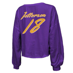 Justin Jefferson Minnesota Vikings Majestic Threads Women's Name & Number Off-Shoulder Script Cropped Long Sleeve V-Neck T-Shirt Purple - NFL