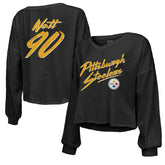 T.J. Watt Pittsburgh Steelers Majestic Threads Women's Name & Number Off-Shoulder Script Cropped Long Sleeve Relaxed V-Neck T-Shirt Black - NFL
