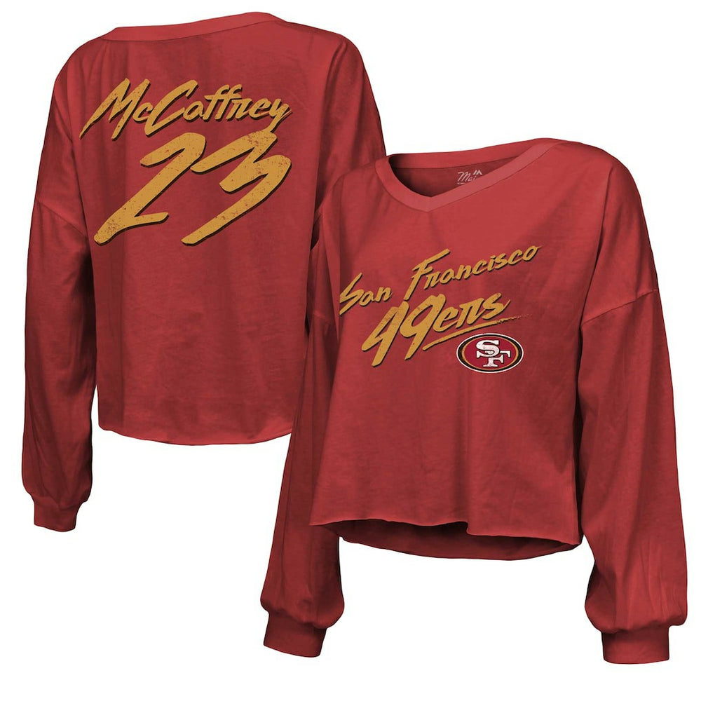 Christian McCaffrey San Francisco 49ers Majestic Threads Women's Name & Number Off-Shoulder Script Cropped Long Sleeve V-Neck T-Shirt Scarlet - NFL