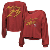 Christian McCaffrey San Francisco 49ers Majestic Threads Women's Name & Number Off-Shoulder Script Cropped Long Sleeve V-Neck T-Shirt Scarlet - NFL