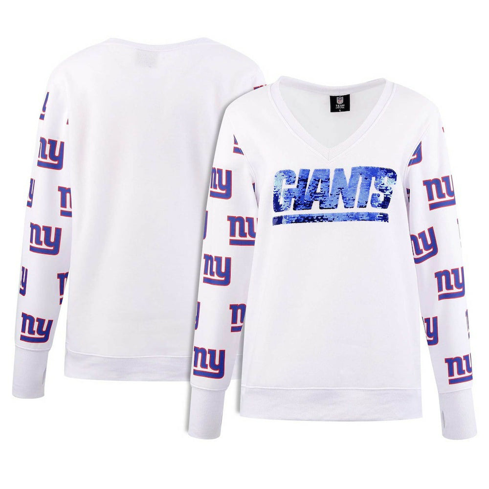 New York Giants Cuce Women's Sequin Fleece V-Neck T-Shirt White - NFL