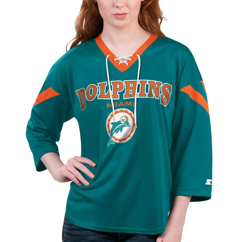 Miami Dolphins Starter Women's Rally Lace-Up 3/4 Sleeve T-Shirt Aqua - NFL