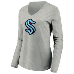 Seattle Kraken Women's Primary Logo V-Neck Long Sleeve T-Shirt Gray