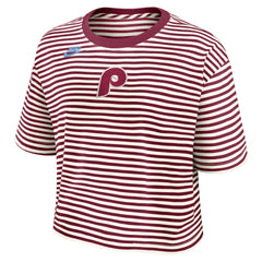 Philadelphia Phillies Nike Women's Cooperstown Collection Striped Cropped T-Shirt On Sale