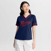 Minnesota Twins Fanatics Women's Diva Race Ahead Raglan V-Neck T-Shirt On Sale