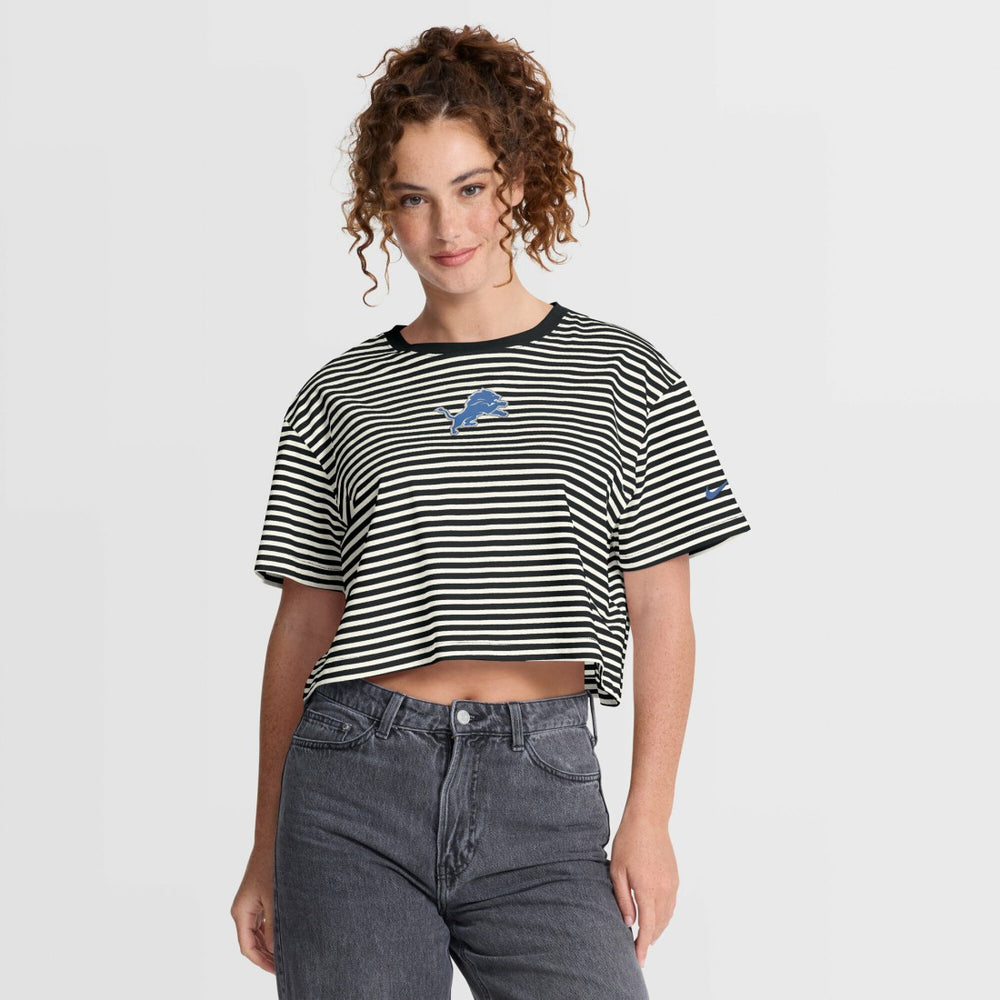Detroit Lions Women's Striped Cropped T-Shirt Black/Cream - Nike