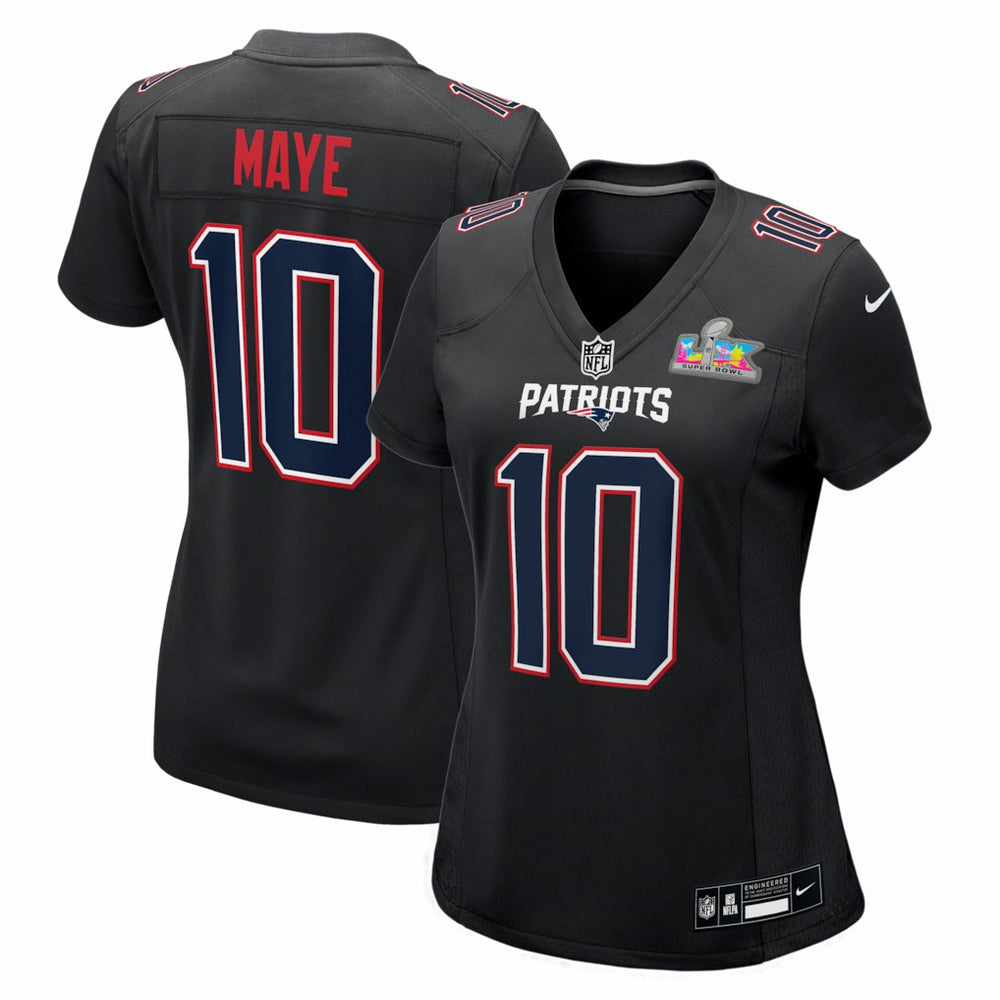 Drake Maye New England Patriots Women's Super Bowl LX Patch Carbon Fashion Game Jersey Black - Nike