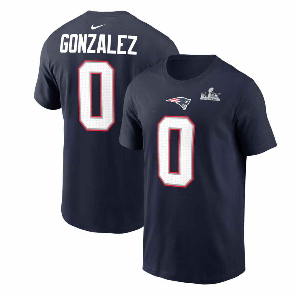 Christian Gonzalez New England Patriots Super Bowl LX Patch Name & Number T-Shirt Navy - Nike