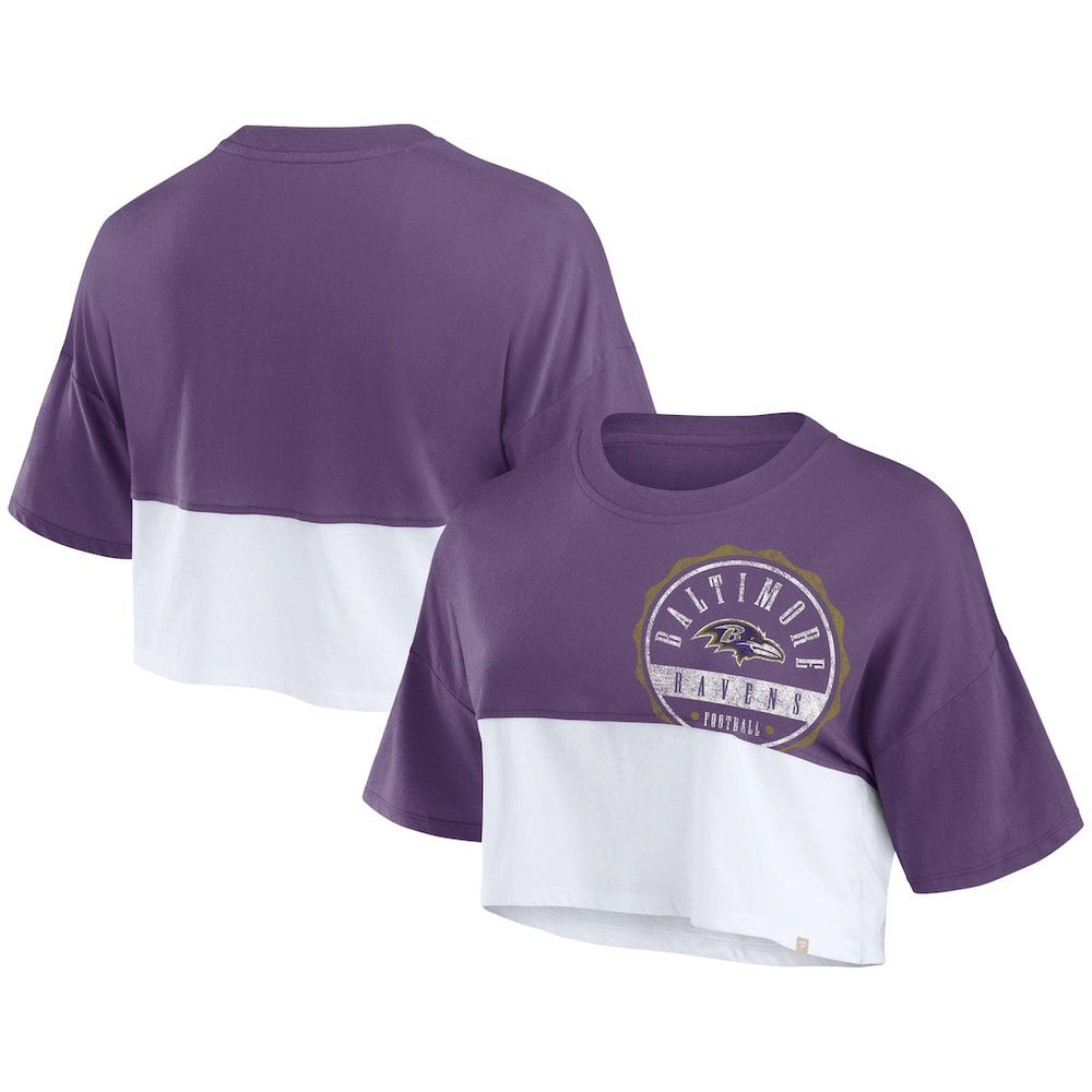 Baltimore Ravens Women's Boxy Color Split Cropped T-Shirt Purple/White - Fanatics