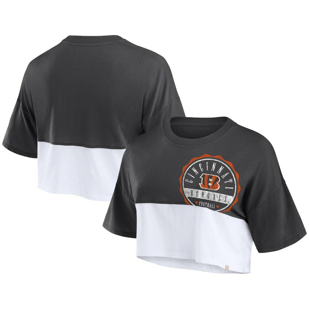 Cincinnati Bengals Women's Boxy Color Split Cropped T-Shirt Black/White - Fanatics