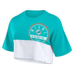 Miami Dolphins Women's Boxy Color Split Cropped T-Shirt Aqua/White - Fanatics