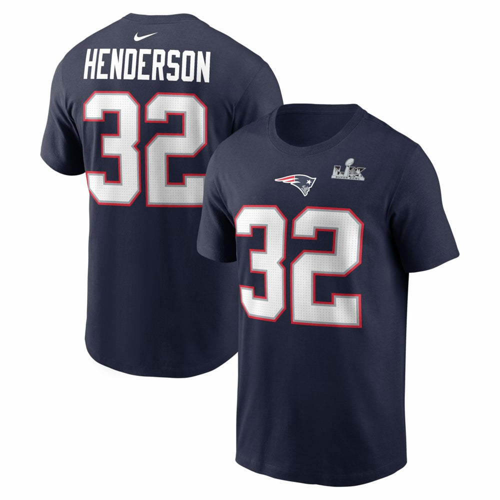 TreVeyon Henderson New England Patriots Super Bowl LX Patch Name & Number T-Shirt Navy - Nike