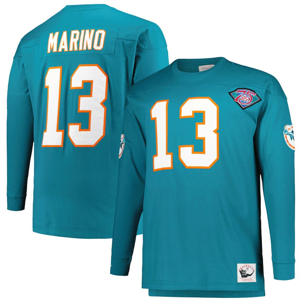 Dan Marino Miami Dolphins Big & Tall Cut & Sew Player Name & Number Long Sleeve T-Shirt Aqua - Mitchell & Ness