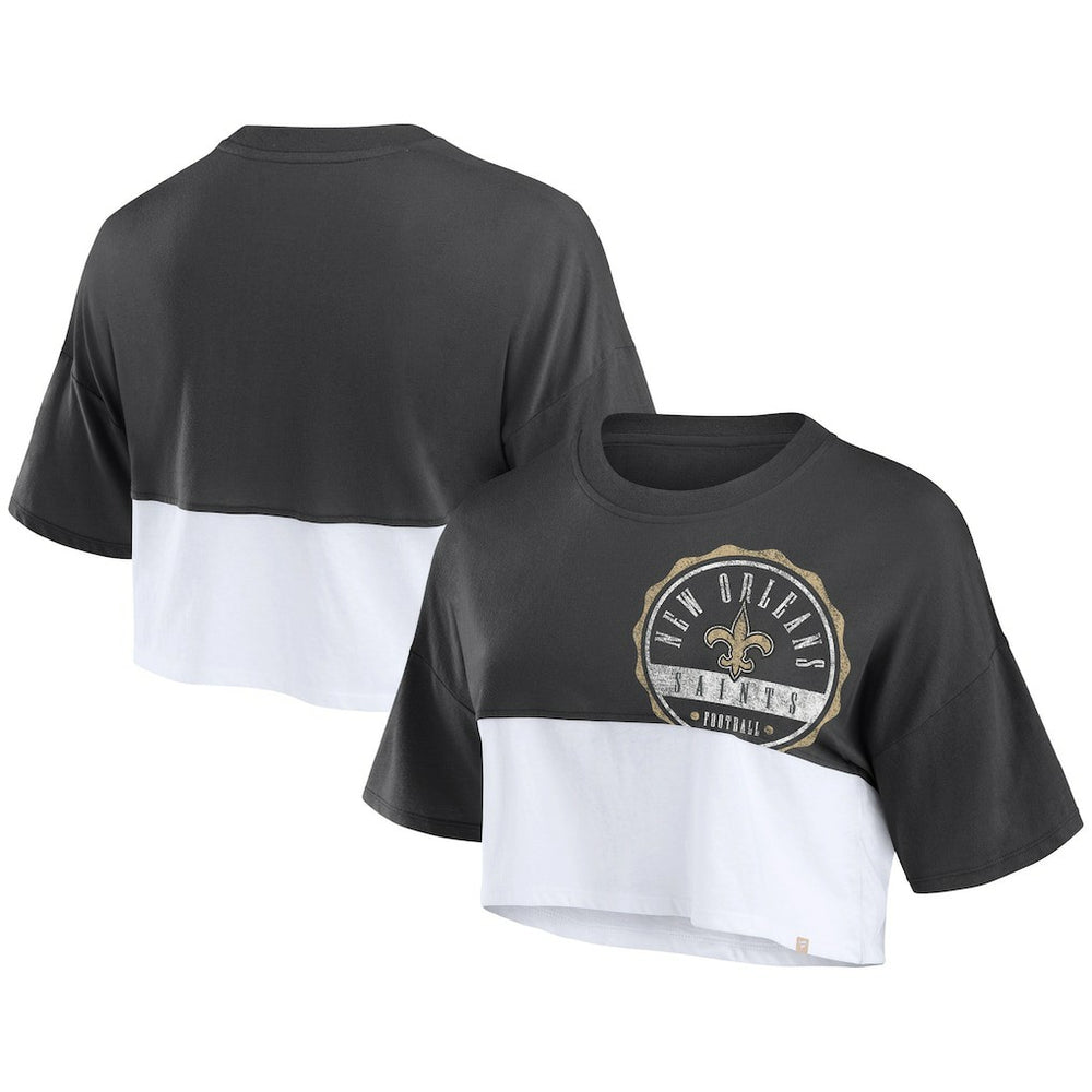 New Orleans Saints Women's Boxy Color Split Cropped T-Shirt Black/White - Fanatics