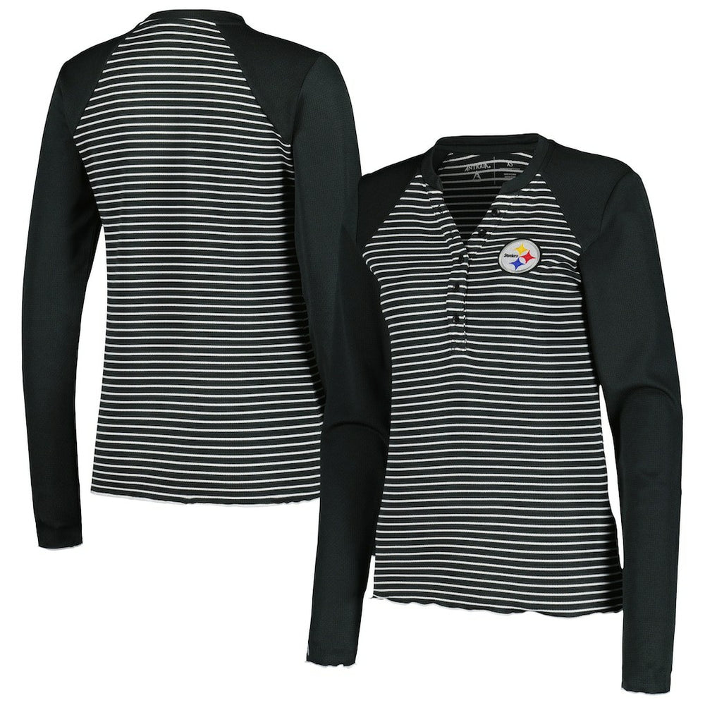 Pittsburgh Steelers Antigua Women's Maverick Waffle Henley Long Sleeve T-Shirt Black - NFL