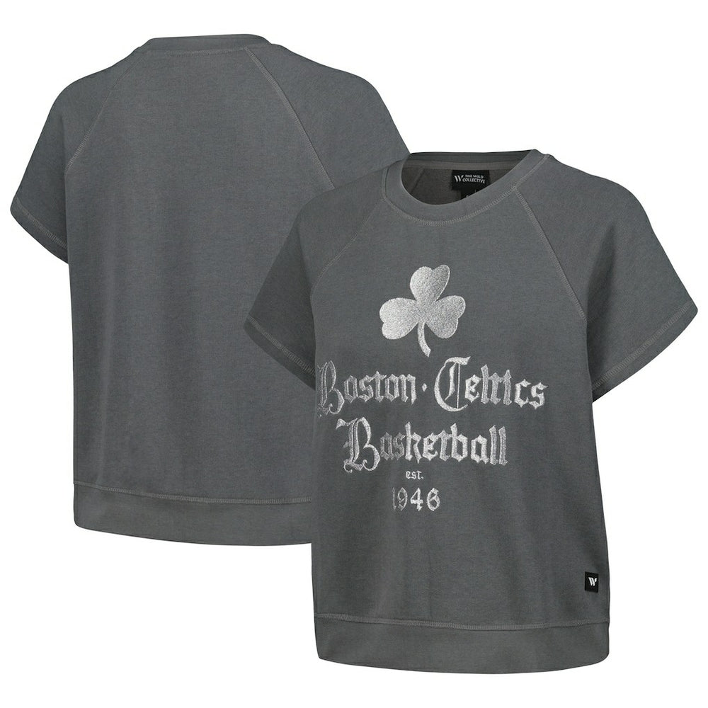 NBA - Boston Celtics The Wild Collective Women's Embroidered Fleece Raglan Short Sleeve Pullover Sweatshirt - Gray