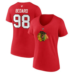 Connor Bedard Chicago Blackhawks Fanatics Women's Authentic Stack Name & Number V-Neck T-Shirt Red