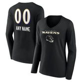 Baltimore Ravens Women's Personalized Name & Number Team Wordmark Long Sleeve V-Neck T-Shirt Black - NFL