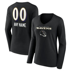 Baltimore Ravens Women's Personalized Name & Number Team Wordmark Long Sleeve V-Neck T-Shirt Black - NFL