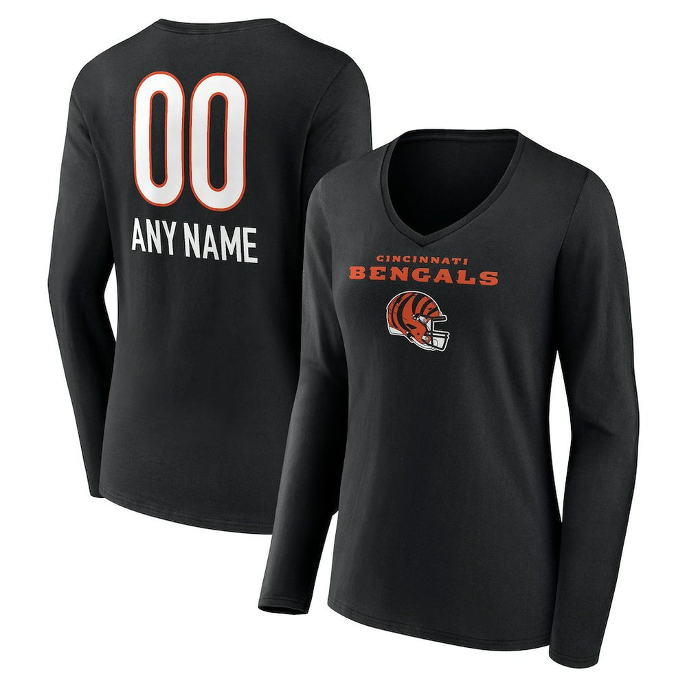Cincinnati Bengals Women's Personalized Name & Number Team Wordmark Long Sleeve V-Neck T-Shirt Black - NFL
