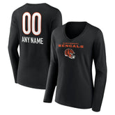 Cincinnati Bengals Women's Personalized Name & Number Team Wordmark Long Sleeve V-Neck T-Shirt Black - NFL