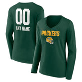 Green Bay Packers Women's Personalized Name & Number Team Wordmark Long Sleeve V-Neck T-Shirt Green - NFL