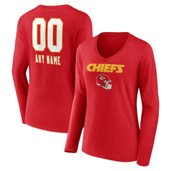 Kansas City Chiefs Women's Personalized Name & Number Team Wordmark Long Sleeve V-Neck T-Shirt Red - NFL