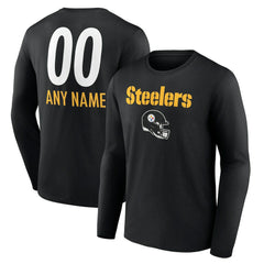 Pittsburgh Steelers Personalized Name & Number Team Wordmark Long Sleeve T-Shirt Black - NFL