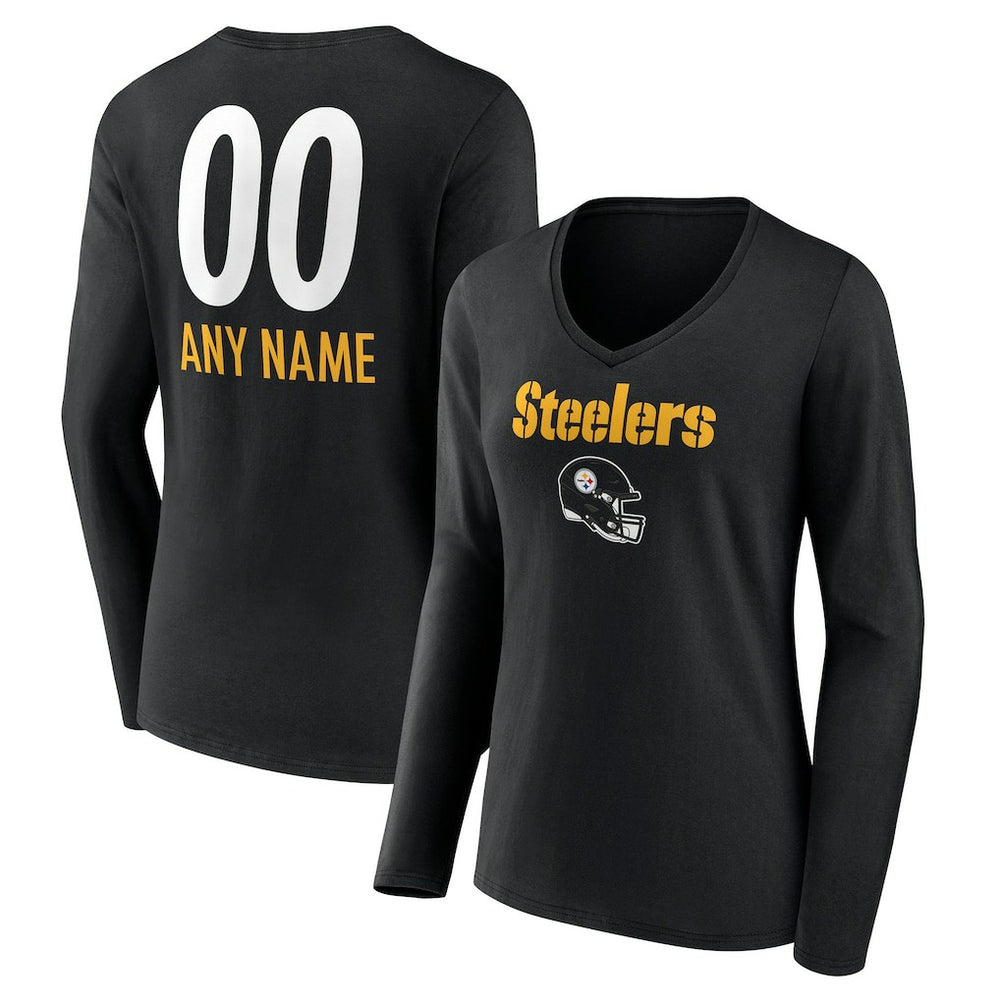 Pittsburgh Steelers Women's Personalized Name & Number Team Wordmark Long Sleeve V-Neck T-Shirt Black - NFL