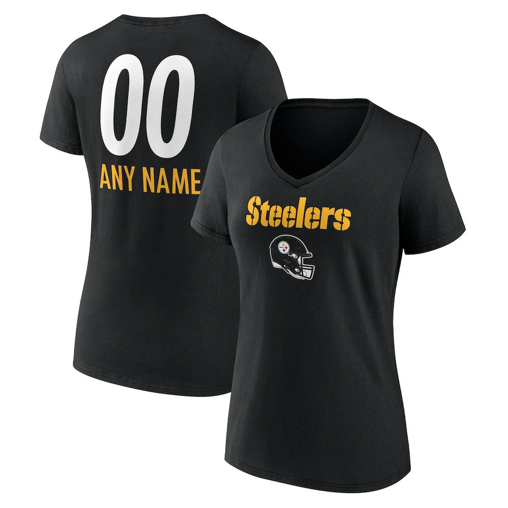 Pittsburgh Steelers Women's Personalized Name & Number Team Wordmark V-Neck T-Shirt Black - NFL