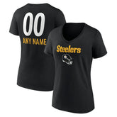 Pittsburgh Steelers Women's Personalized Name & Number Team Wordmark V-Neck T-Shirt Black - NFL