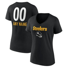 Pittsburgh Steelers Women's Personalized Name & Number Team Wordmark V-Neck T-Shirt Black - NFL