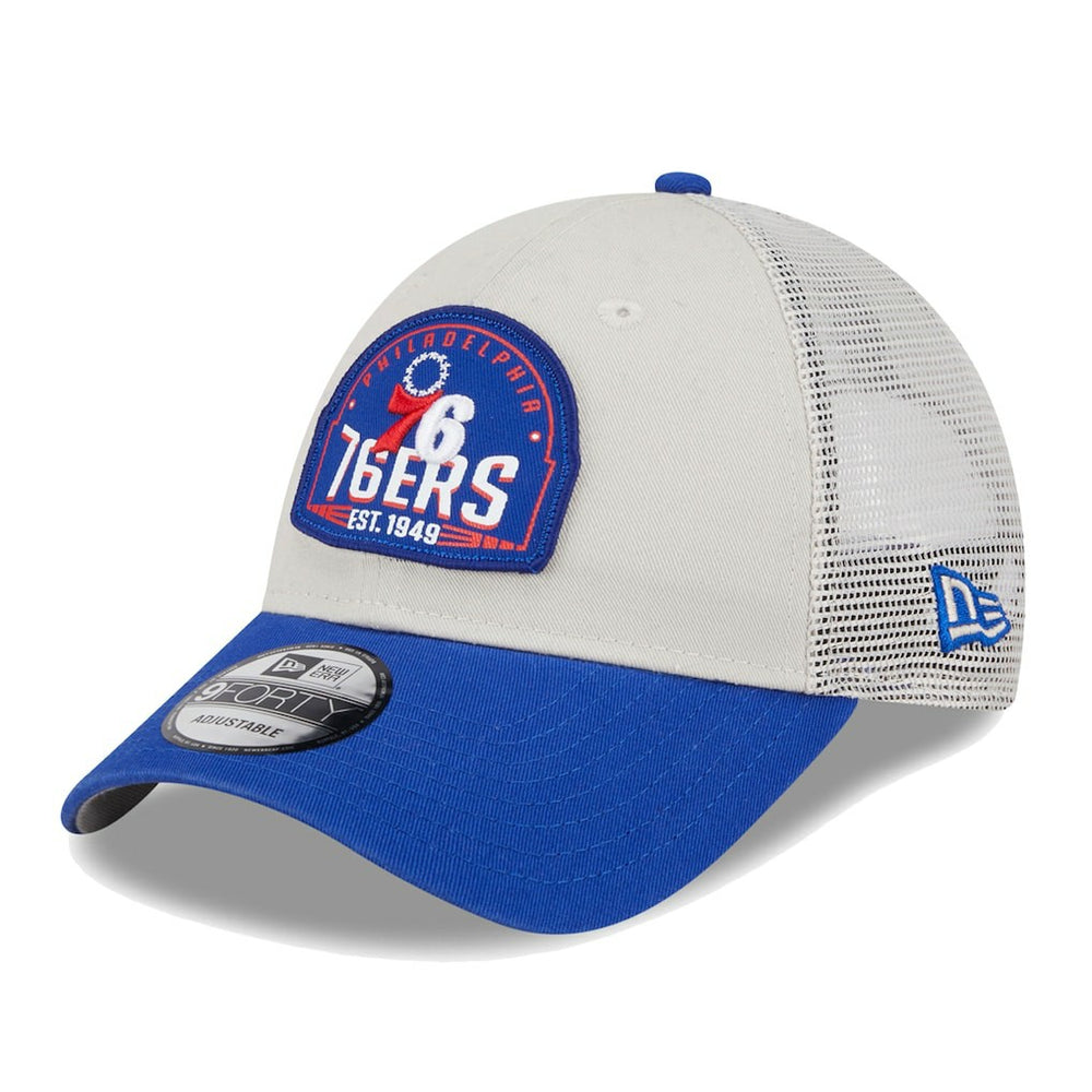 New Era - Philadelphia 76ers Throwback Patch Trucker 9FORTY Adjustable Hat - Khaki/Royal