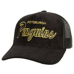 Pittsburgh Penguins Mitchell & Ness Times Up Classic Script Cord Trucker Adjustable Hat Black