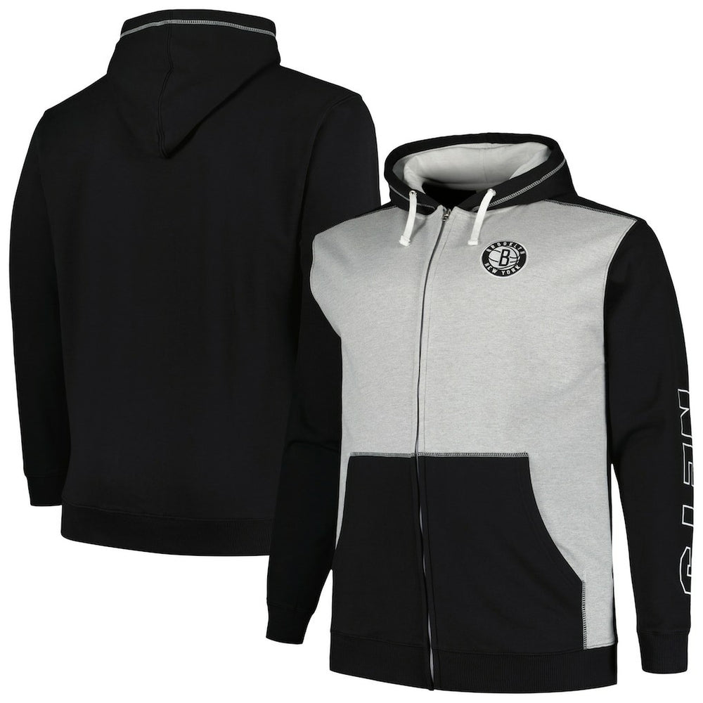 Fanatics - Brooklyn Nets Big & Tall Contrast Pieced Stitched Full-Zip Hoodie - Black/Heather Gray
