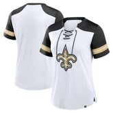 New Orleans Saints Women's Foiled Primary Lace-Up T-Shirt White/Black - Fanatics
