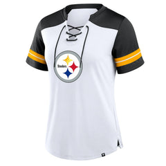 Pittsburgh Steelers Women's Foiled Primary Lace-Up T-Shirt White/Black - Fanatics